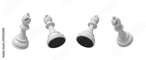 Bilde på lerret 3d rendering of a white chess bishop piece flying in four different angled views on a white background