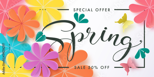 Illustration of Spring sale banner design with paper art of flower and butterfly.Vector eps 10.