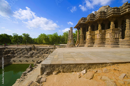 Outer view of the Sun Temple on the bank of the river Pushpavati. Built in 1026 - 27 AD,  Modhera village of Mehsana district, Gujarat, India photo