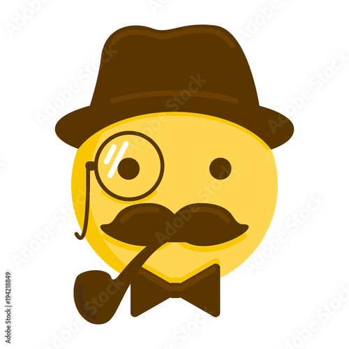 Gentleman emoticon. Vector smiley icon with mustache, hat, smoking pipe, monocle and a bow tie