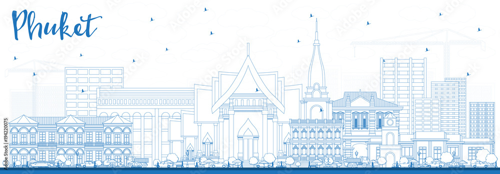 Naklejka premium Outline Phuket Thailand City Skyline with Blue Buildings.