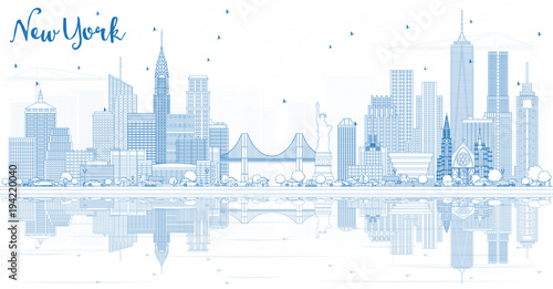 Outline New York USA City Skyline with Blue Buildings and Reflections.