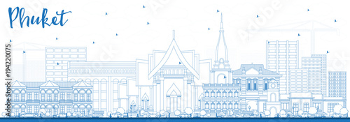 Outline Phuket Thailand City Skyline with Blue Buildings.