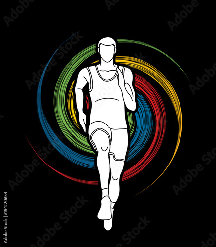 Athlete runner, A man  runner running front view designed on spin wheel background graphic vector