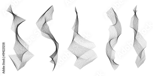 Polygonal vector smoke trail set. Foggy black grunge wave trails with smoky effect illustration. Useful for background or overlay.