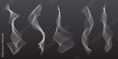 Polygonal vector smoke trail set. Foggy black and white grunge wave trails with smoky effect illustration. Useful for background or overlay.