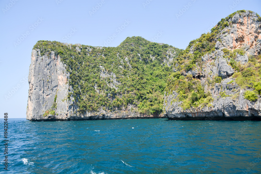 The island of Phi Phi.Island view from a boat on the sea background.Thailand