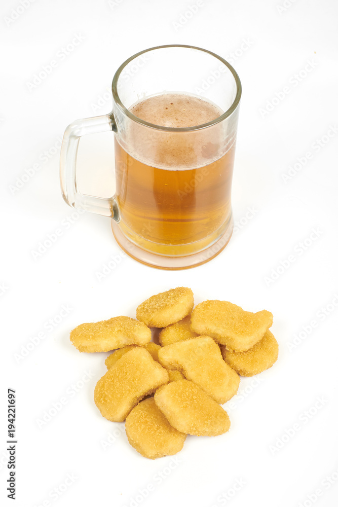 Chicken nuggets and beer isolated on white background Chicken nuggets and beer isolated on white background