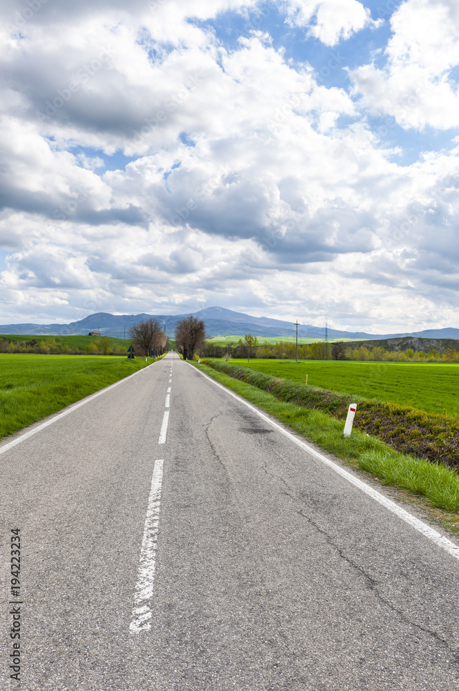 Asphalt road between meadow in Italy