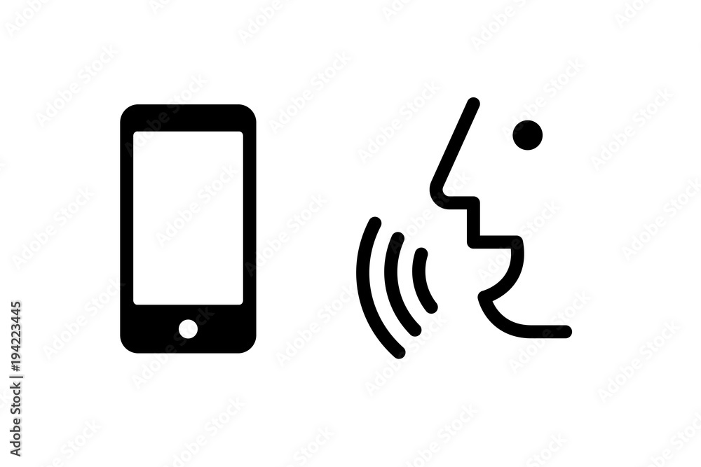 Voice recognition concept. Voice control mobile, smartphone icon. Black line, online, thin