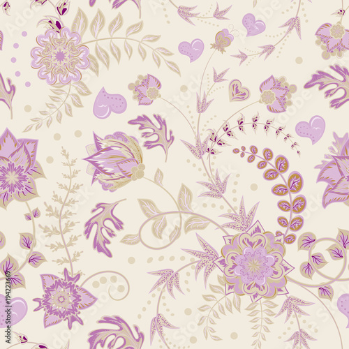 Fototapeta Naklejka Na Ścianę i Meble -  Seamless floral pattern. Hand draw vector Illustration. Seamless background with flowers. Gently lilak flowers on white.