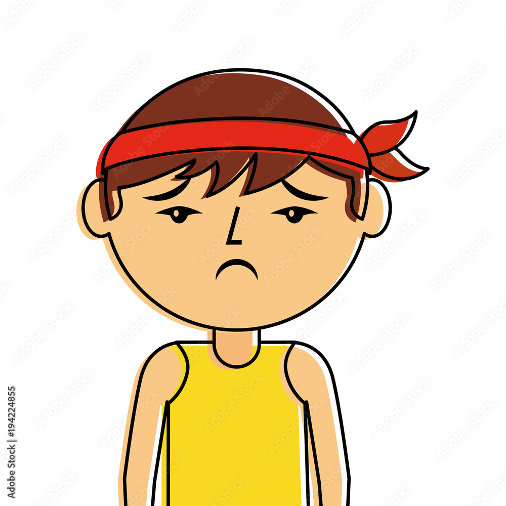 portrait cartoon sad man chinese with head band vector illustration portrait cartoon sad man chinese with head band vector illustration