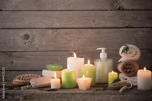 Beautiful composition of spa treatment on dark wooden  background