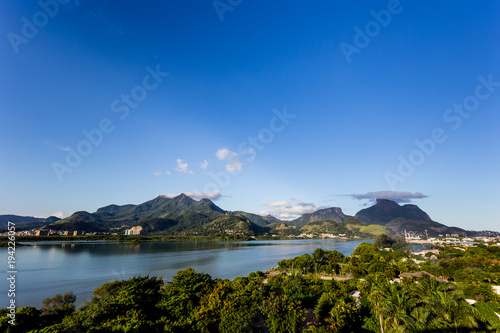 Beautiful view of mountains near lake in Rio de Janeiro, Brazil
