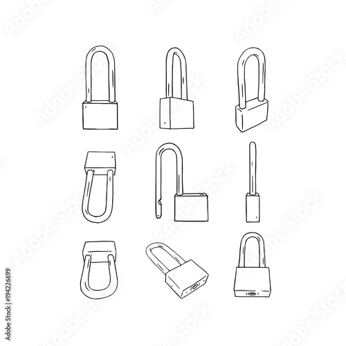   Hand drawn vector illustration of blank lock set on white background.