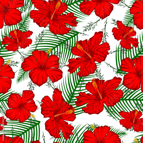 Seamless pattern with red hibiscus and green leaves.