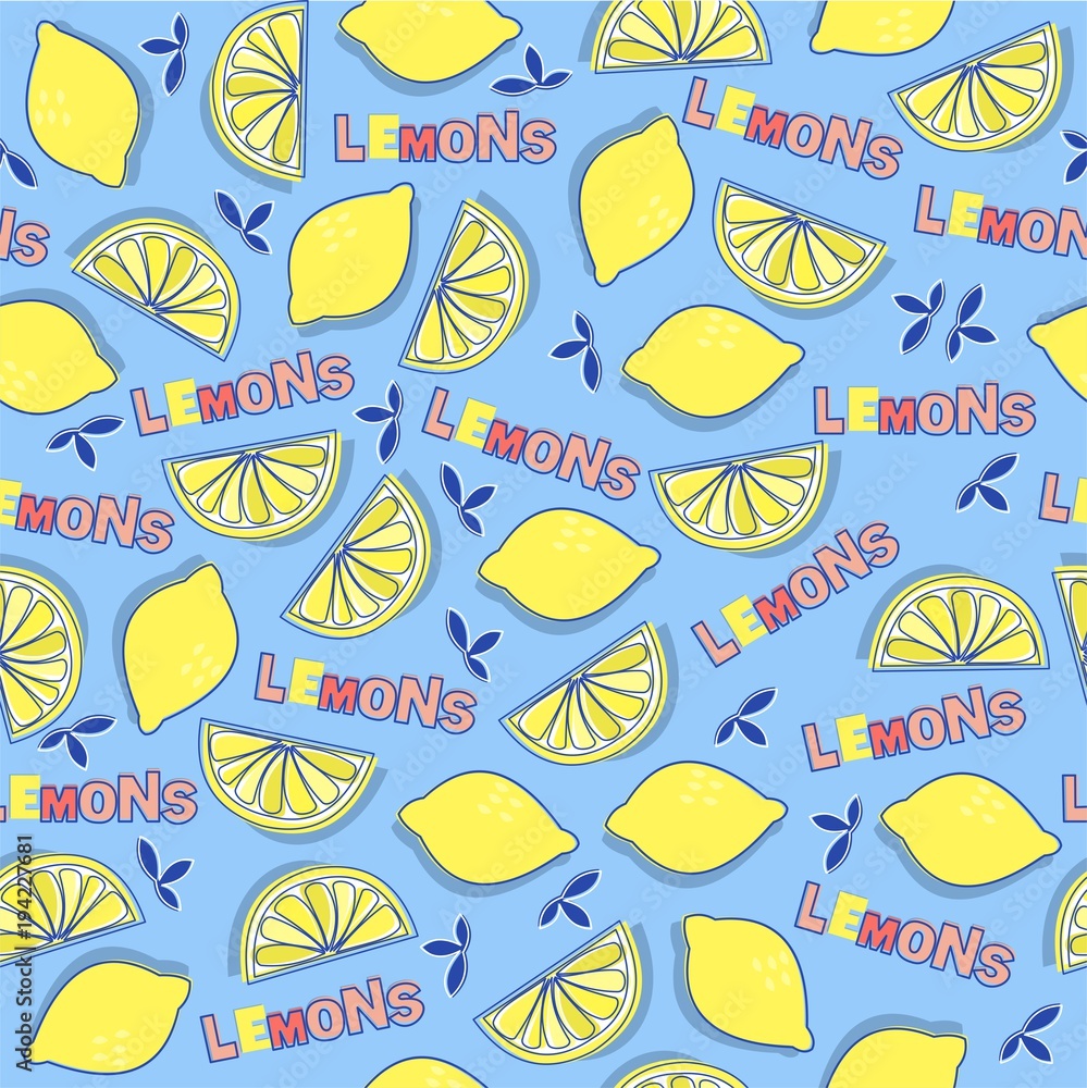 Obraz premium Seamless pattern with bright yellow lemons and lettering. Vector background.