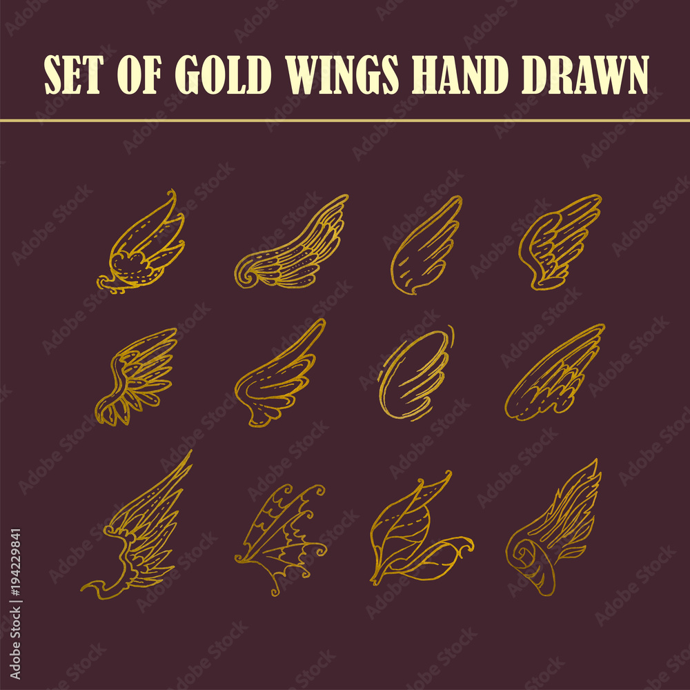 Hand Drawn Wings. Set of design elements. Vector illustration. Hand Drawn Wings. Set of design elements. Vector illustration.