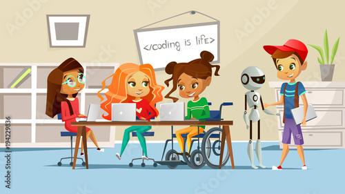 Children in school vector illustration of pupil kids in classroom studying lesson. Boy with robot and girls at table with computers talking to handicapped friend in wheelchair cartoon design