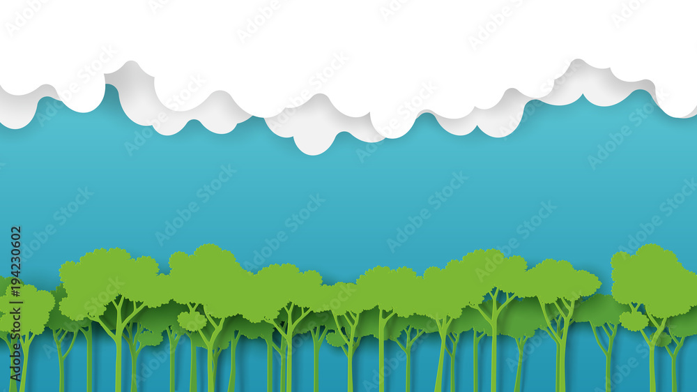 Obraz premium Zielona sylwetka krajobraz lasu z chmurami i niebieskim tle nieba. Koncepcja ochrony przyrody i środowiska stylu sztuki papieru. Ilustracja wektorowa.