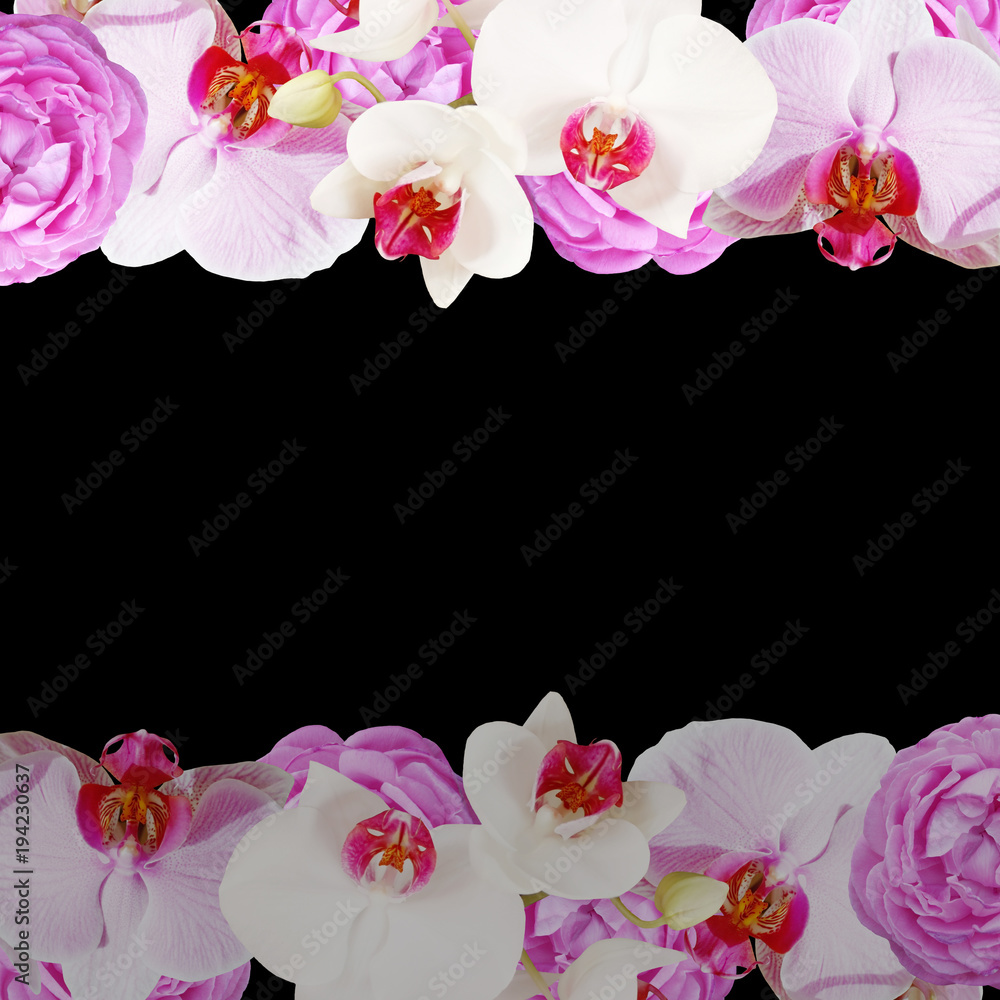 Beautiful floral background of roses and orchids 