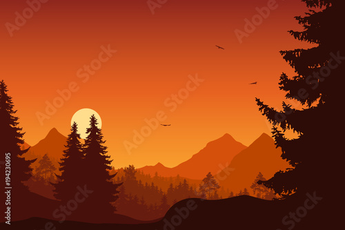 Mountain landscape with forest, under a orange sky with flying birds and sun © Forgem