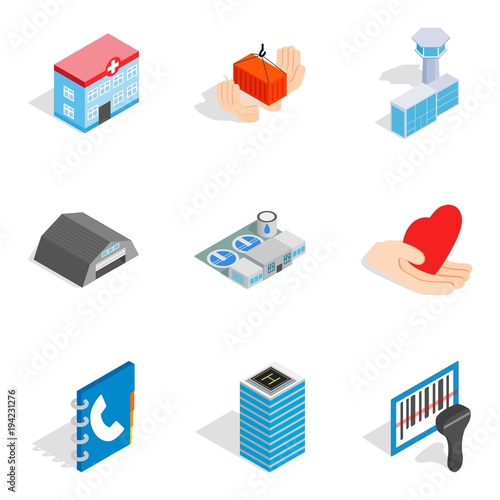 Owner of apartment icons set, isometric style