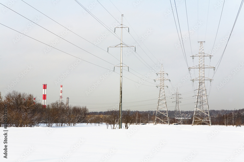 High voltage power lines in winter.