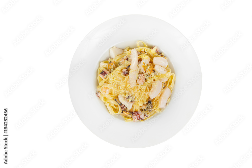 Pasta, noodles with seafood, decorated with cheese. Isolated white view from above Serving a meal in a cafe, restaurant.