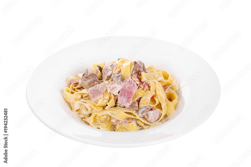 Pasta, noodles with bacon and mushrooms, decorated with cheese. Side view. Serving a meal in a cafe, restaurant. Isolated white Pasta, noodles with bacon and mushrooms, decorated with cheese. Side view. Serving a meal in a cafe, restaurant. Isolated white
