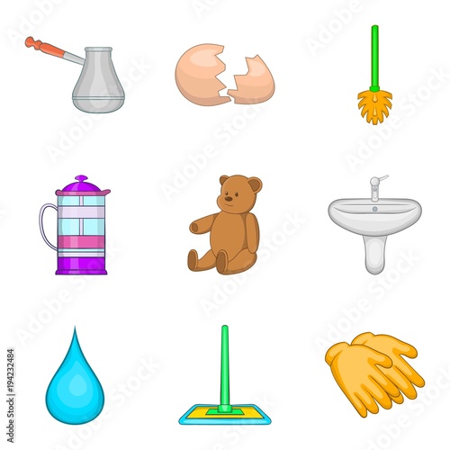 Water cleaning icons set  cartoon style
