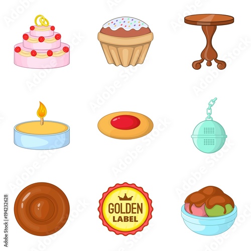 Afternoon tea icons set, cartoon style