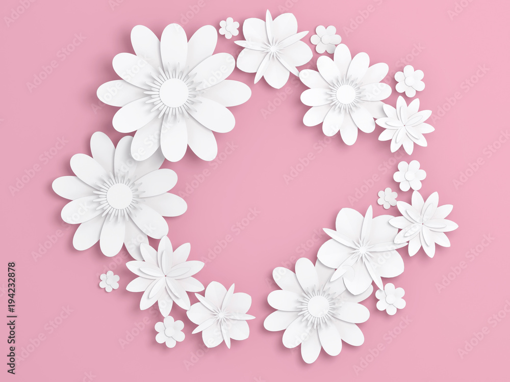 White paper flowers decoration over pink White paper flowers decoration over pink