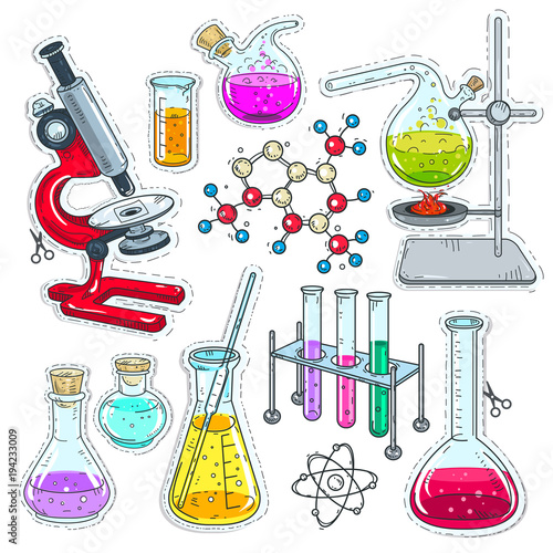 colorful sticker, set of various devices for chemical experiments, microscope