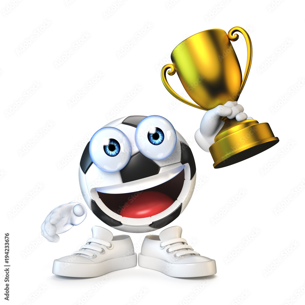 Football, soccer ball with cartoon face holding golden trophy, sport