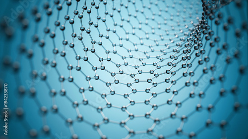 Graphene molecular grid, graphene tube structure concept, hexagonal geometric form, nanotechnology background 3d rendering