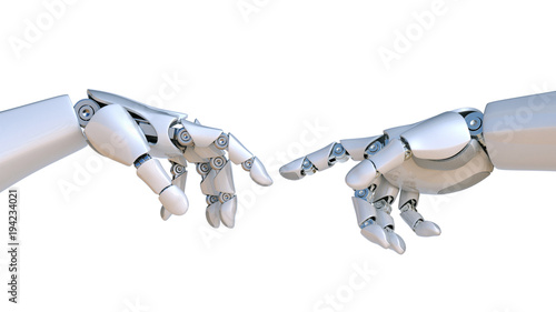 Two robot hands as Michelangelo's Creation of Adam 3d rendering