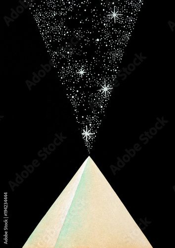 hand made illustration of a crystal pyramid which opens up a portal to the cosmos