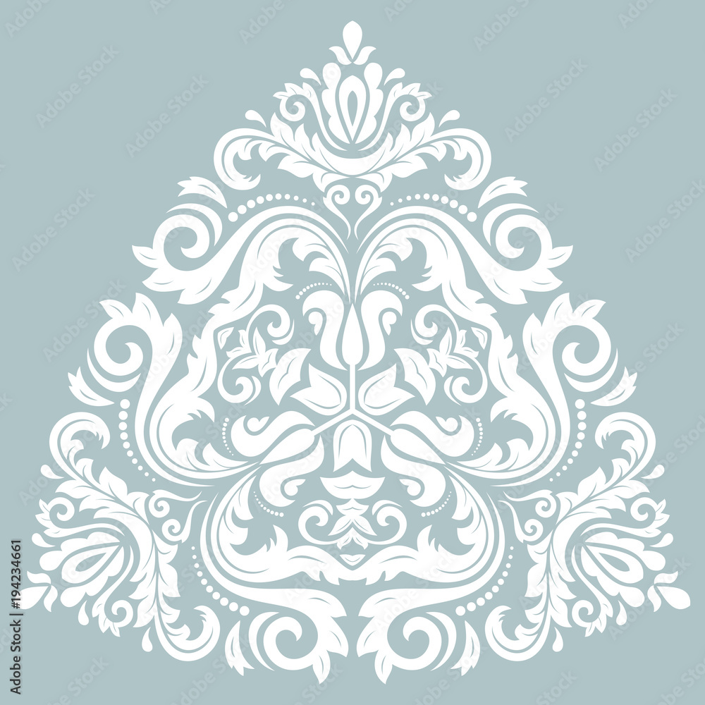 Oriental vector white triangular pattern with arabesques and floral elements. Traditional classic ornament. Vintage pattern with arabesques