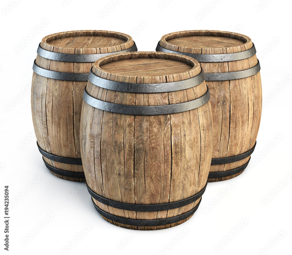 Fototapeta premium Wooden barrels isolated on white background 3d illustration