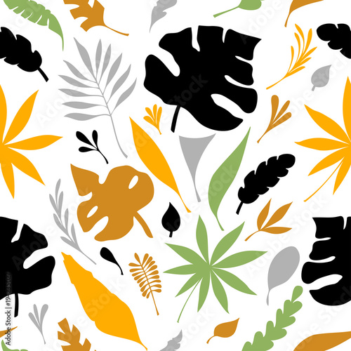 Flat Seamless pattern from hand draw silhouette of tropic leaves colorful on white for creative design package of cosmetic or perfume or for design of botanical theme