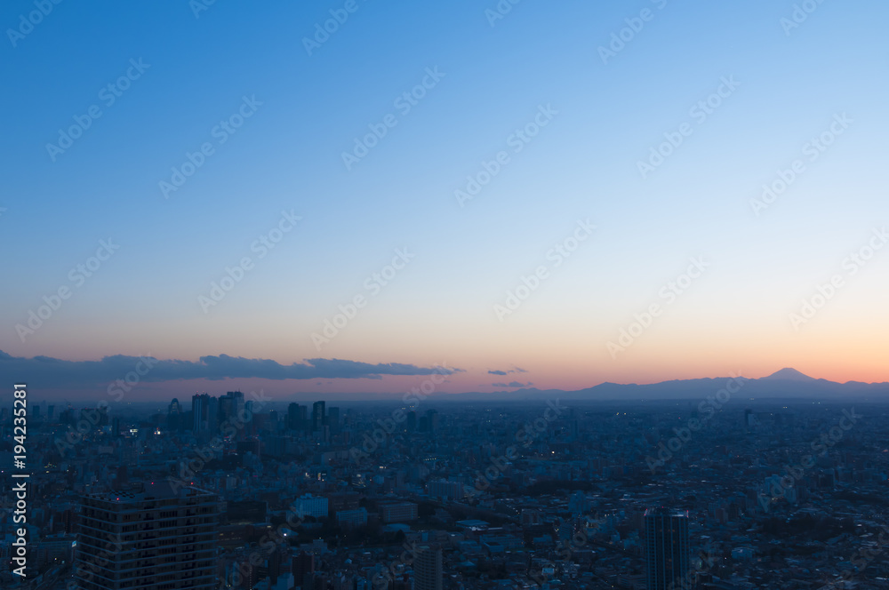 富士山と東京　日没　マジックアワー　池袋から望む新宿・中野方面