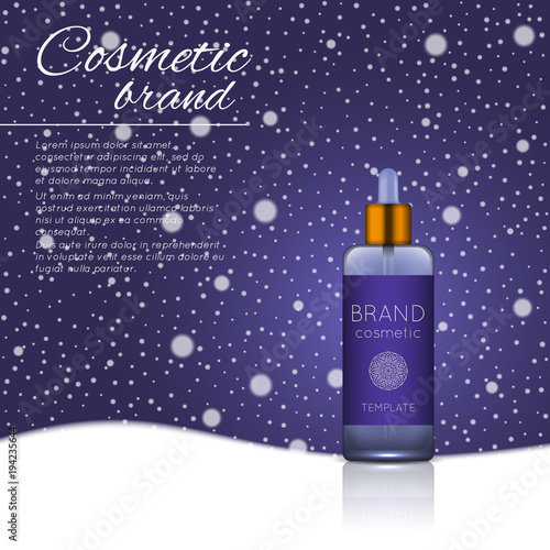 Vector 3D cosmetic illustration on a winter snowing background. Beauty realistic cosmetic product design template.
