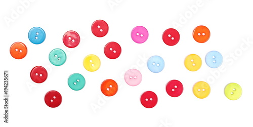 Fototapeta Naklejka Na Ścianę i Meble -  Colorful sewing buttons isolated on white background, top view