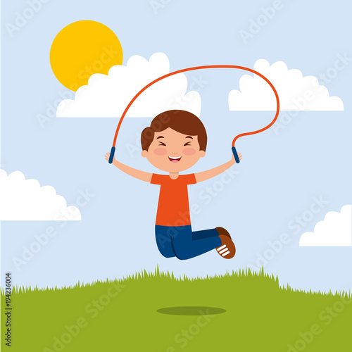 cute boy playing jumping rope in the park vector illustration