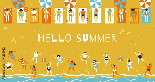 Men and women in bathing suits sunbathe on the beach and play beach volleyball. Trend abstract flat illustration for advertising seasonal and tourist recreation. Vector