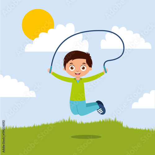 cute boy playing jumping rope in the park vector illustration