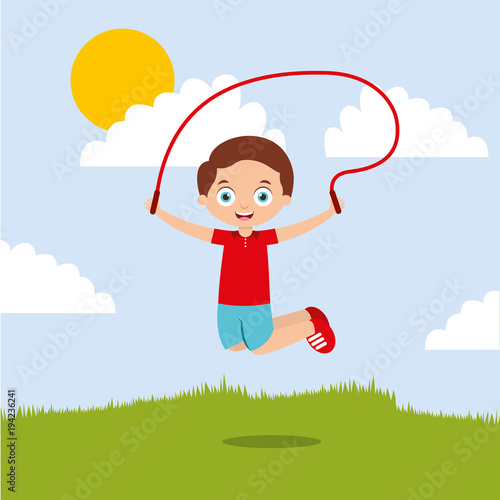 cute boy playing jumping rope in the park vector illustration