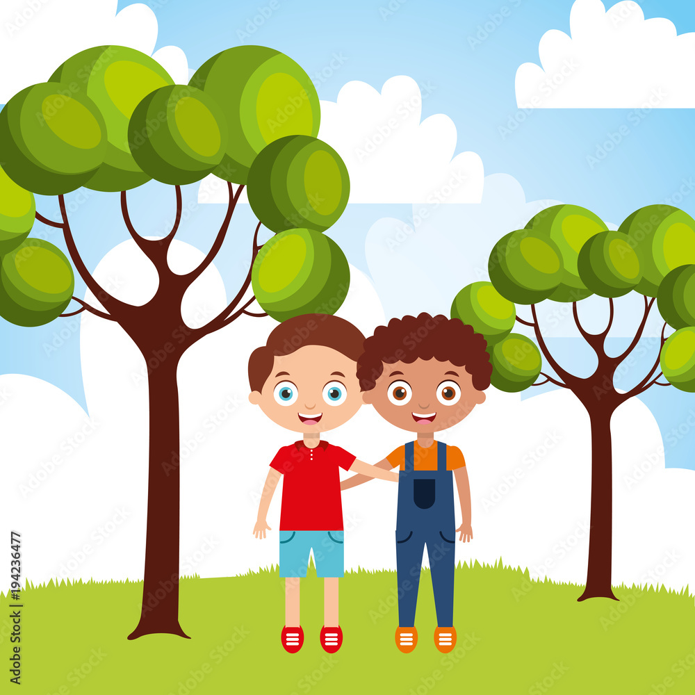 cute happy friendly little boys embraced in the park vector illustration