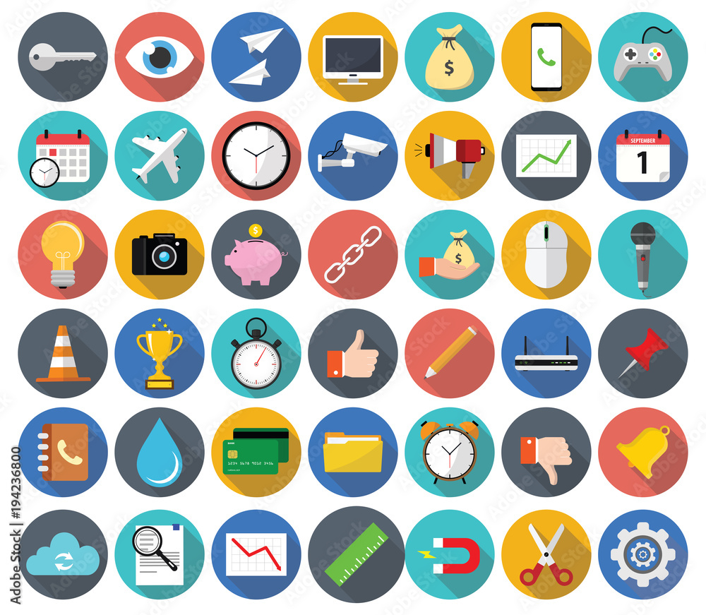 Set of miscellaneous modern flat icons with long shadow, covering business, finance, technology and web themes.